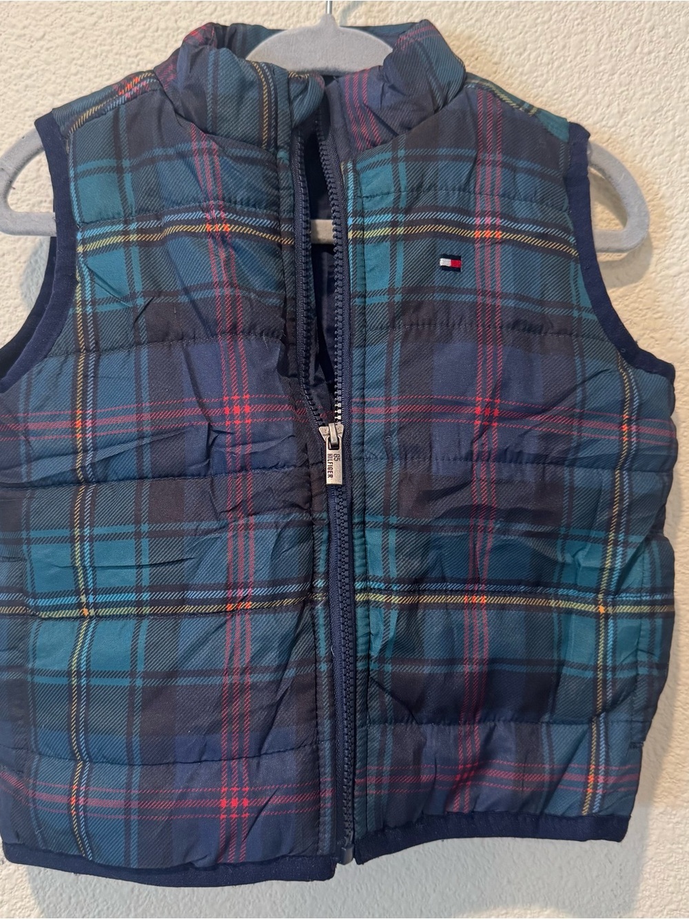 NWOT Tommy Hilfiger Boys' Navy Plaid Puffer Vest - Blue Size 3-6M
